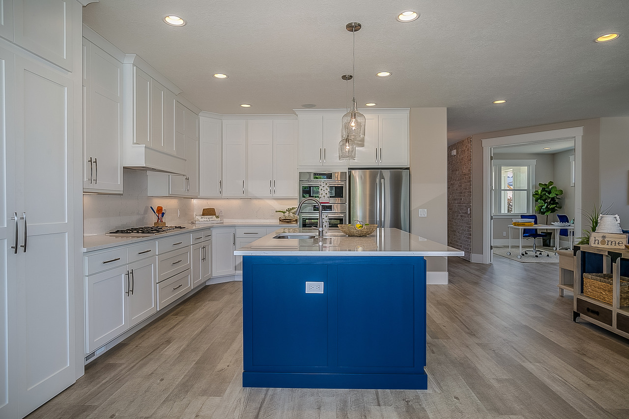 kitchen with blue and white cupboards